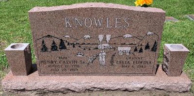 companion granite headstone with a country mountain scene on morning rose granite
